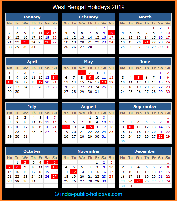 West Bengal Holiday Calendar 2019